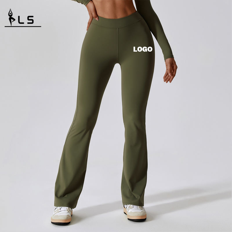 SC1096女性用のハイウエストソリッド4ウェイストレッチレギンスを押し上げるスクランチバットフレアレギンスヨガパンツ女性用