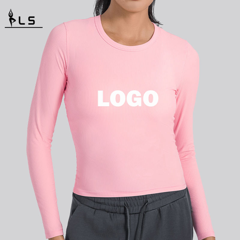 SC10271通気性ヨガクロップトップジムフィットネスタイトTシャツラウンドネックTシャツを走る長袖
